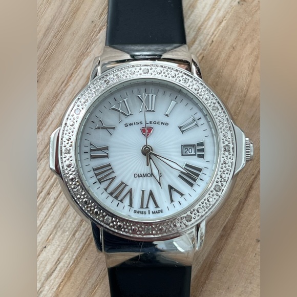 Swiss Legend Diamonds Ladies Watch Pearl Dial Date Window Poly Strap IOB - Picture 1 of 15